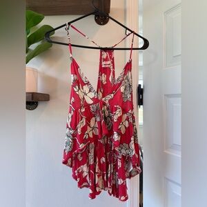 Urban Outfitters deep coral cropped floral high low racerback tank